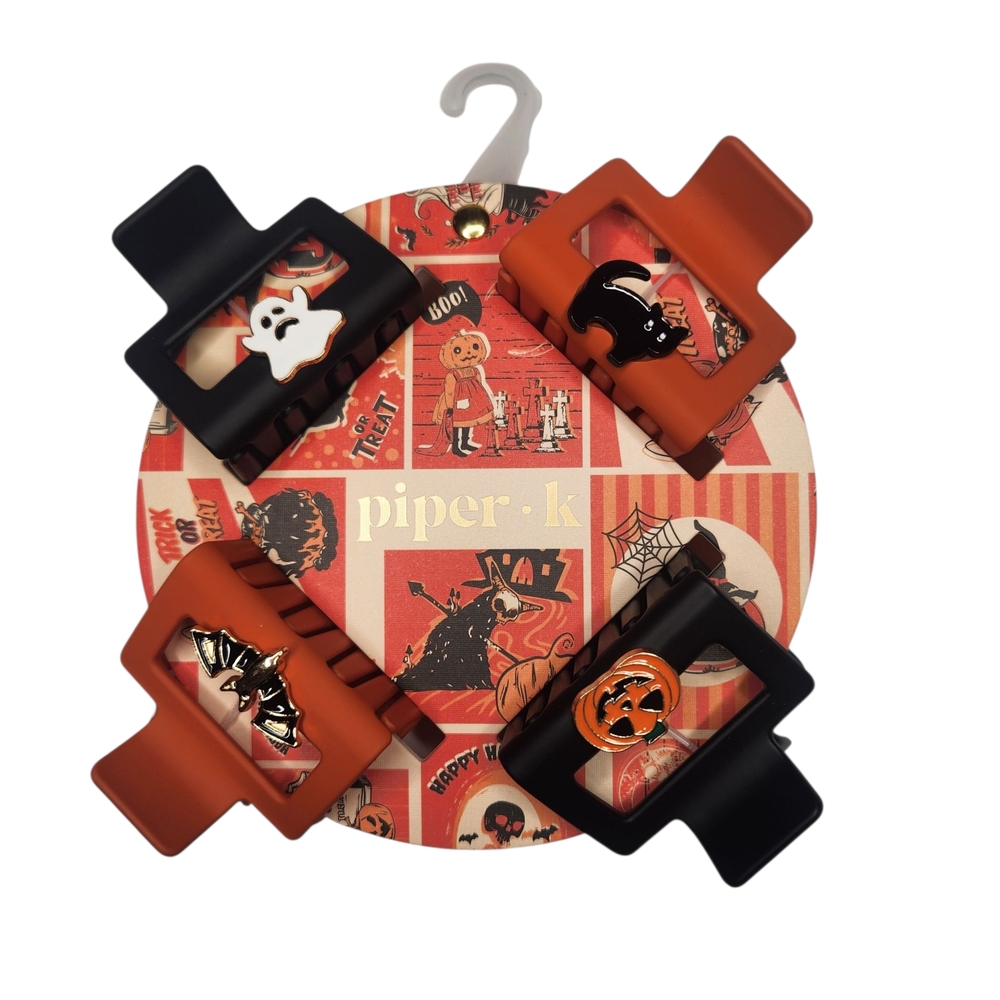 Piper K Halloween Theme Enamel Pin Embellished Orange and Black Hair Clip Set.
